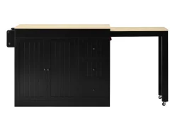 Isla de cocina extensible con ruedas - 112/186,8 x 45 x 93 cm - con estante + 3 cajones + 2 puertas - MDF - negro