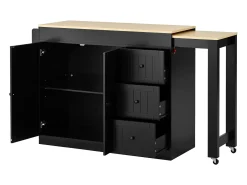 Isla de cocina extensible con ruedas - 112/186,8 x 45 x 93 cm - con estante + 3 cajones + 2 puertas - MDF - negro