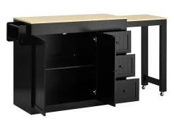Isla de cocina extensible con ruedas - 112/186,8 x 45 x 93 cm - con estante + 3 cajones + 2 puertas - MDF - negro