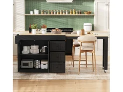 Isla de cocina extensible con ruedas - 112/186,8 x 45 x 93 cm - con estante + 3 cajones + 2 puertas - MDF - negro