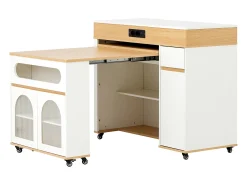 Isla de cocina extensible con ruedas y tablero de cristal - 110,5 x 50,5 x 95,5 cm - con puerta y cajón - MDF + cristal - blanco + natural