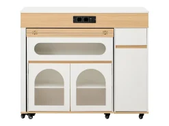 Isla de cocina extensible con ruedas y tablero de cristal - 110,5 x 50,5 x 95,5 cm - con puerta y cajón - MDF + cristal - blanco + natural