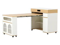 Isla de cocina extensible con ruedas y tablero de cristal - 110,5 x 50,5 x 95,5 cm - con puerta y cajón - MDF + cristal - blanco + natural