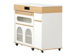 Isla de cocina extensible con ruedas y tablero de cristal - 110,5 x 50,5 x 95,5 cm - con puerta y cajón - MDF + cristal - blanco + natural