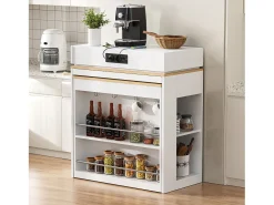 Isla de cocina extensible con ruedas y tablero abatible - 83 x 46 x 96 cm - mesa alta con puerta y cajón - MDF + cristal - blanco