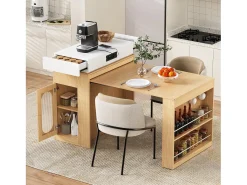 Isla de cocina extensible con ruedas y tablero abatible - 83 x 46 x 96 cm - mesa alta con puerta y cajón - MDF + cristal - natural