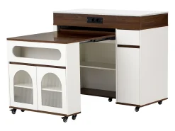 Isla de cocina extensible con ruedas y tablero de cristal - 110,5 x 50,5 x 95,5 cm - con puerta y cajón - MDF + cristal - blanco + marrón