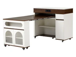 Isla de cocina extensible con ruedas y tablero de cristal - 110,5 x 50,5 x 95,5 cm - con puerta y cajón - MDF + cristal - blanco + marrón