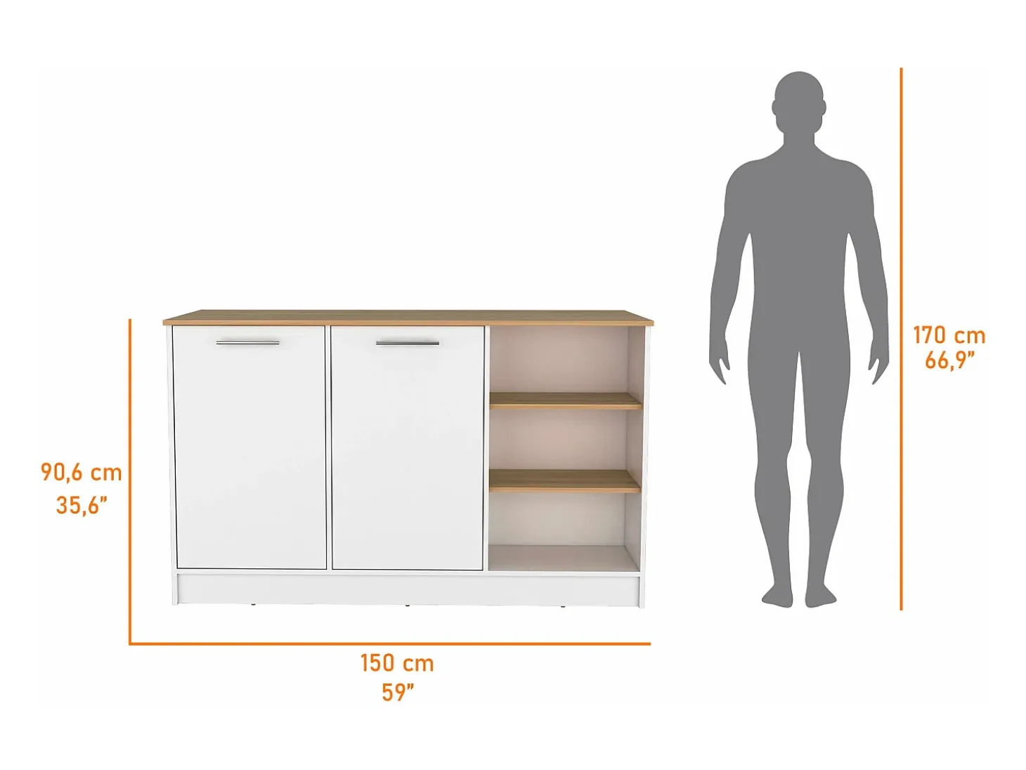Isla de cocina Ginger en melamina con 7 estantes y 2 puertas , multicolor , 90.6 cm X 150 cm X 67 cm