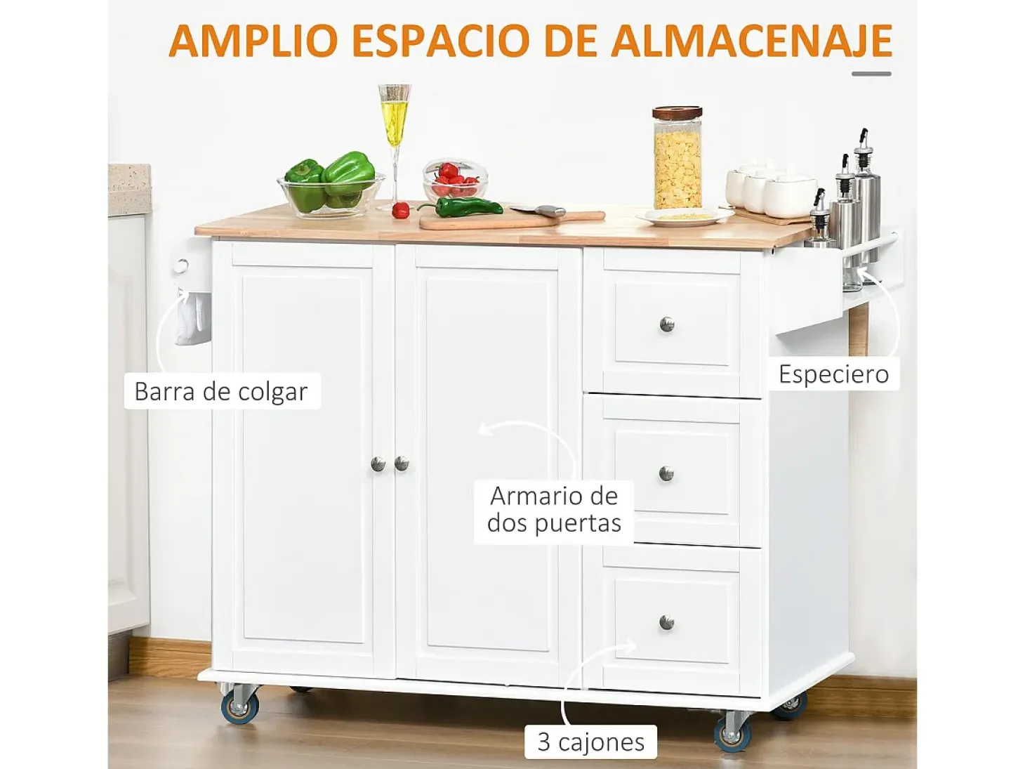 Isla de cocina Kalos Homcom extensible con ruedas blanco 92,5x128,8x75,5 cm