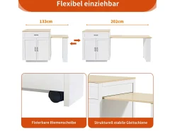 Isla de cocina moderna (133-202 × 70 × 93,5 cm), 2 cajones y 2 compartimentos para 2-6 personas, MDF, Blanco