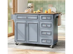 Isla de cocina moderna 130×45×92 cm - con 5 cajones y 2 puertas - encimera extensible - con ruedas - azul