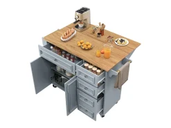 Isla de cocina moderna 130×45×92 cm - con 5 cajones y 2 puertas - encimera extensible - con ruedas - azul