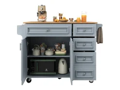 Isla de cocina moderna 130×45×92 cm - con 5 cajones y 2 puertas - encimera extensible - con ruedas - azul