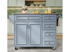 Isla de cocina moderna 130×45×92 cm - con 5 cajones y 2 puertas - encimera extensible - con ruedas - azul
