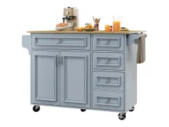 Isla de cocina moderna 130×45×92 cm - con 5 cajones y 2 puertas - encimera extensible - con ruedas - azul