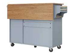Isla de cocina moderna 130×45×92 cm - con 5 cajones y 2 puertas - encimera extensible - con ruedas - azul