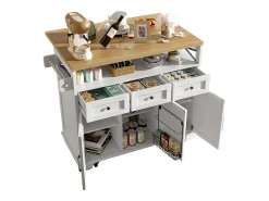 Isla de cocina moderna (118×43×98 cm), mueble de cocina con ruedas, espacio de almacenaje modular, toallero, acabado madera (blanco)