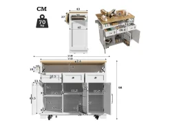 Isla de cocina moderna (118×43×98 cm), mueble de cocina con ruedas, espacio de almacenaje modular, toallero, acabado madera (blanco)