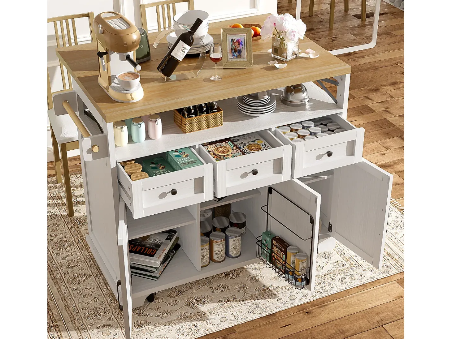 Isla de cocina moderna (118×43×98 cm), mueble de cocina con ruedas, espacio de almacenaje modular, toallero, acabado madera (blanco)