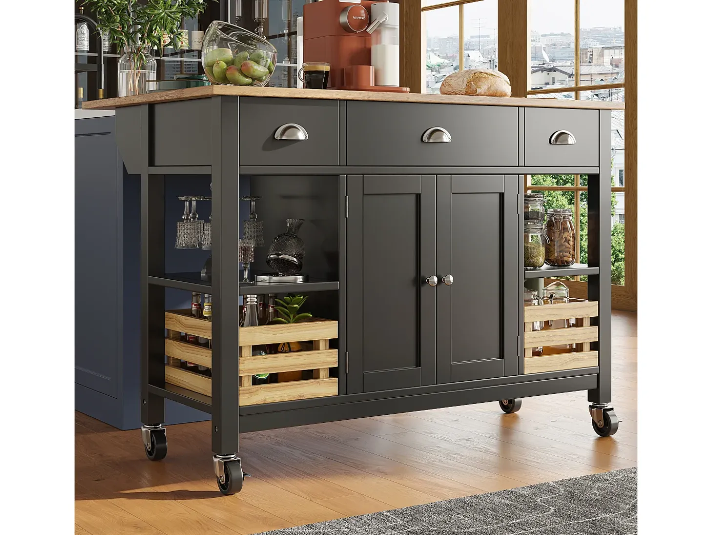Isla de cocina moderna con encimera de madera, 3 cajones, cesta de pino, función de almacenaje multifuncional, color blanco (120x45x90 cm)