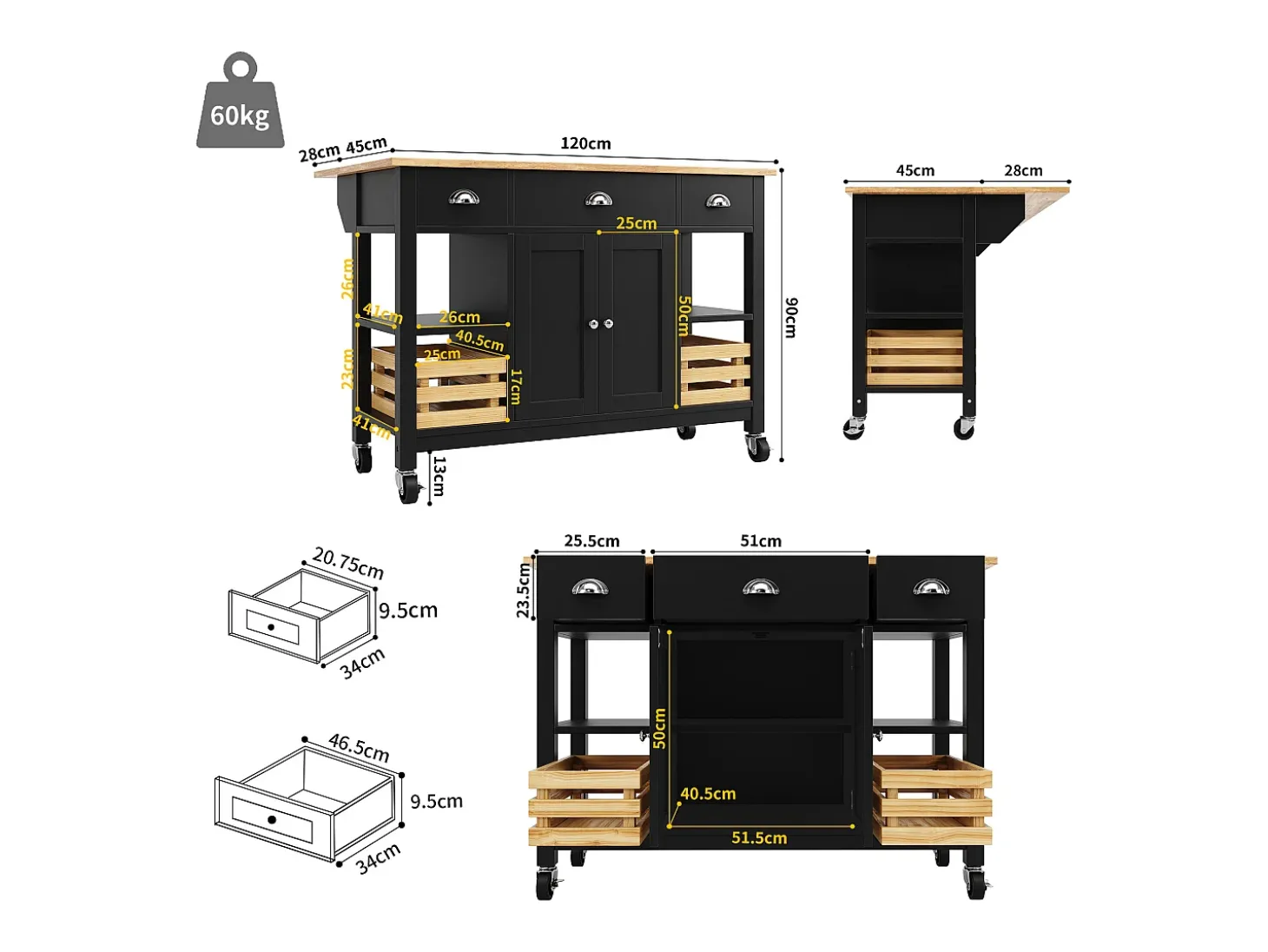 Isla de cocina moderna con encimera de madera, 3 cajones, cesta de pino, función de almacenaje multifuncional, color blanco (120x45x90 cm)