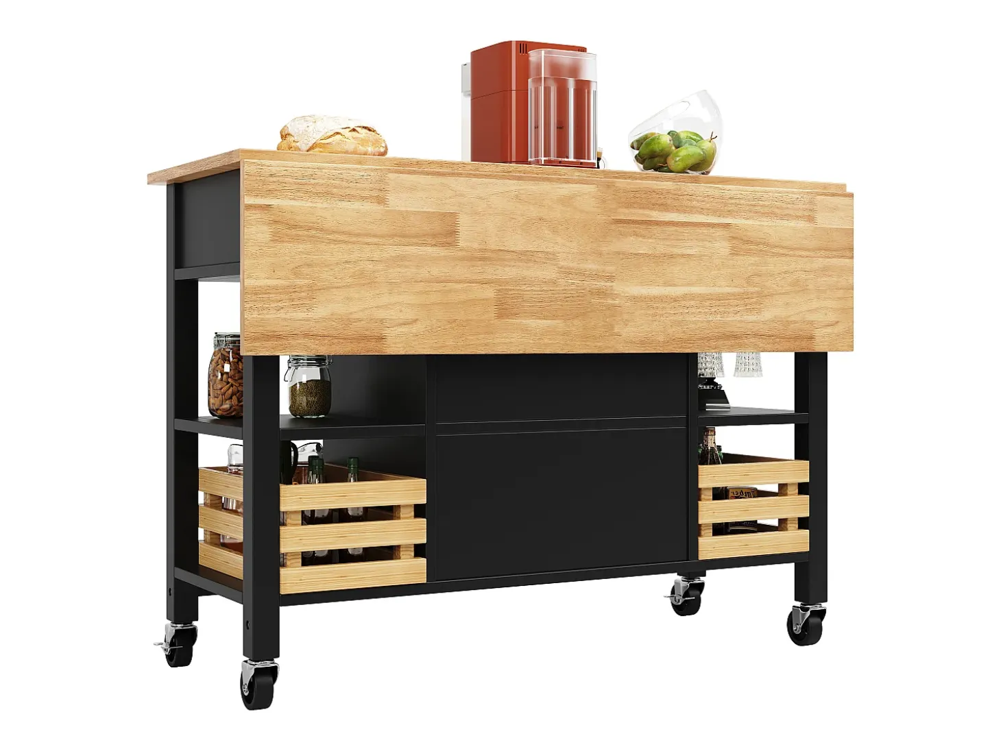 Isla de cocina moderna con encimera de madera, 3 cajones, cesta de pino, función de almacenaje multifuncional, color blanco (120x45x90 cm)