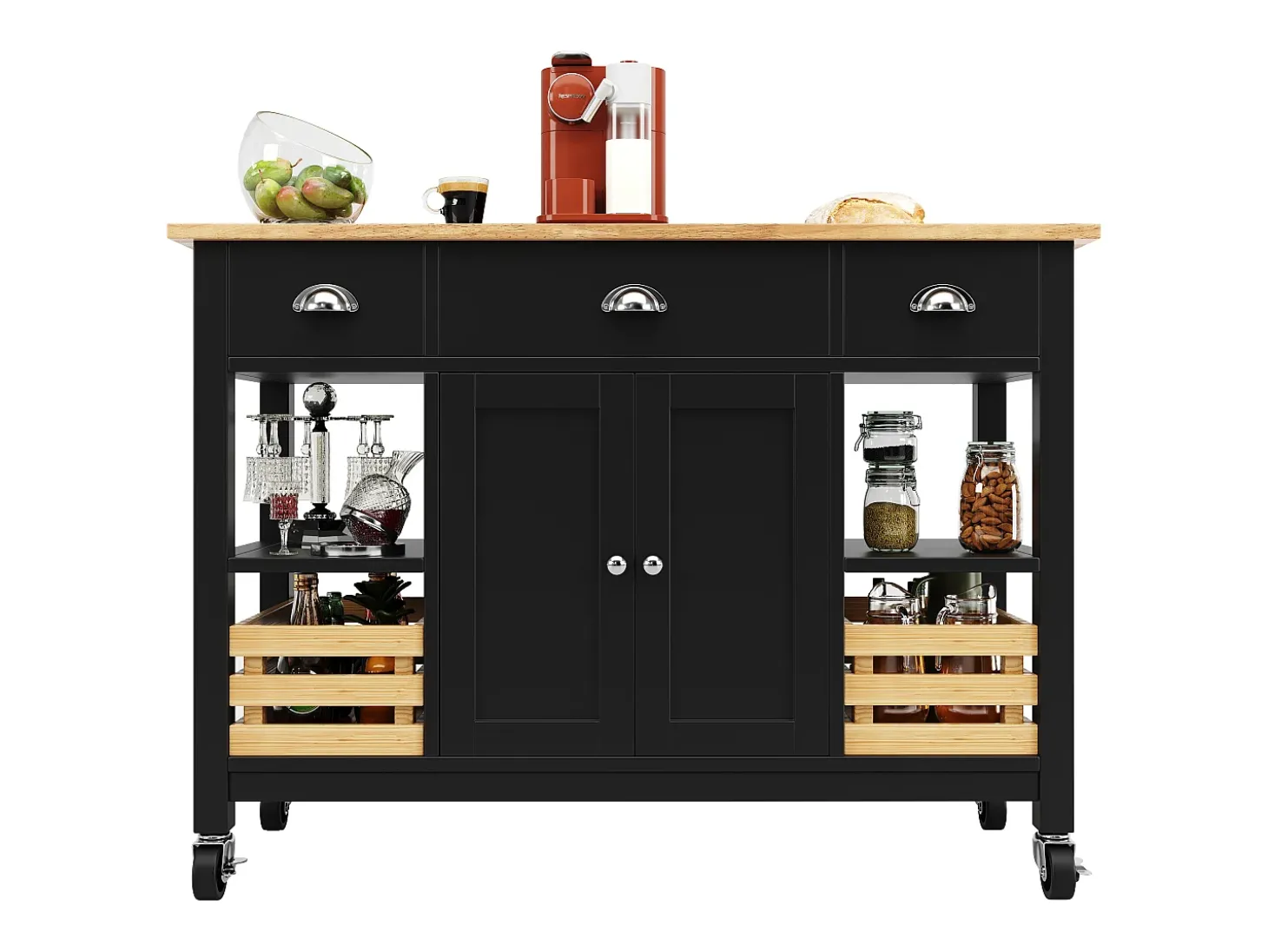 Isla de cocina moderna con encimera de madera, 3 cajones, cesta de pino, función de almacenaje multifuncional, color blanco (120x45x90 cm)
