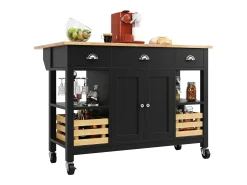 Isla de cocina moderna con encimera de madera, 3 cajones, cesta de pino, función de almacenaje multifuncional, color blanco (120x45x90 cm)