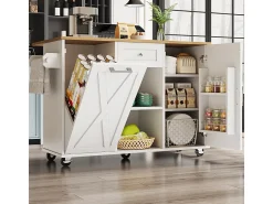 Isla de cocina moderna con espacio de almacenamiento y función de mesa de comedor, color blanco.