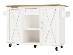 Isla de cocina moderna con espacio de almacenamiento y función de mesa de comedor, color blanco.