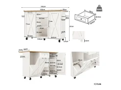 Isla de cocina moderna con espacio de almacenamiento y función de mesa de comedor, color blanco.
