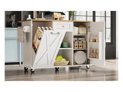 Isla de cocina moderna con espacio de almacenamiento y función de mesa de comedor, color blanco.