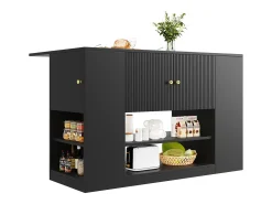 Isla de cocina moderna con almacenaje y encimera abatible, mueble de cocina negro con estantes y cajones (140 x 40 x 90 cm)