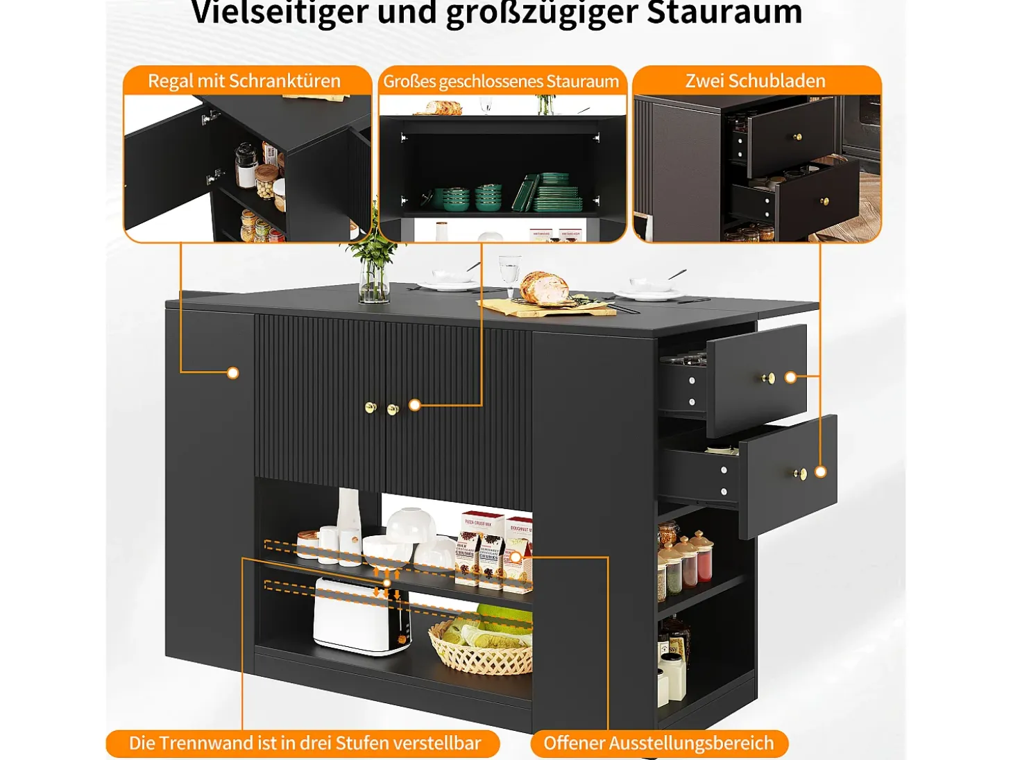 Isla de cocina moderna con almacenaje y encimera abatible, mueble de cocina negro con estantes y cajones (140 x 40 x 90 cm)