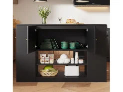Isla de cocina moderna con almacenaje y encimera abatible, mueble de cocina negro con estantes y cajones (140 x 40 x 90 cm)