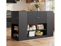 Isla de cocina moderna con almacenaje y encimera abatible, mueble de cocina negro con estantes y cajones (140 x 40 x 90 cm)