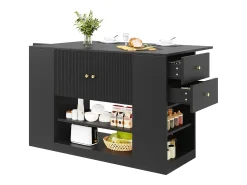 Isla de cocina moderna con almacenaje y encimera abatible, mueble de cocina negro con estantes y cajones (140 x 40 x 90 cm)