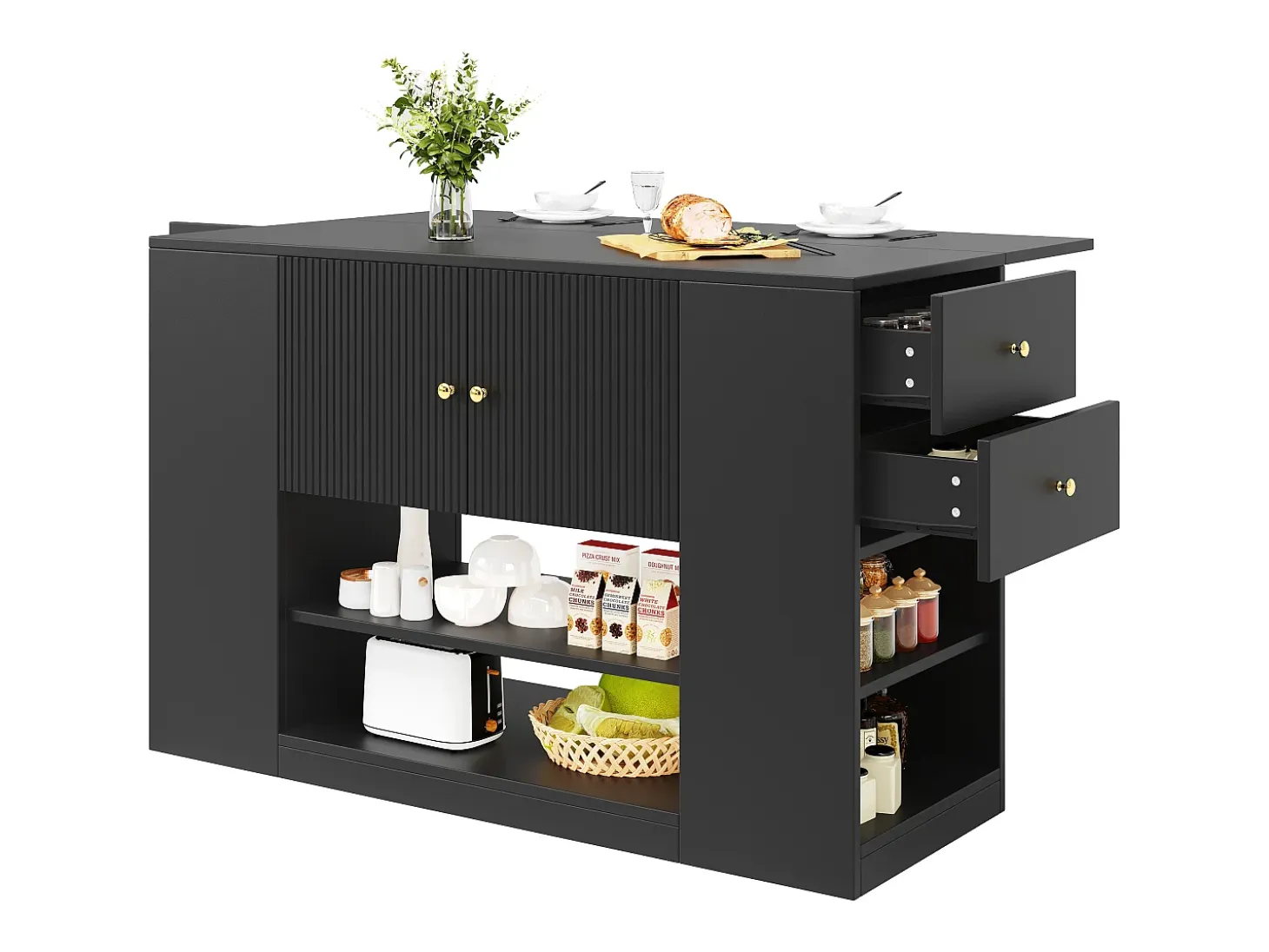 Isla de cocina moderna con almacenaje y encimera abatible, mueble de cocina negro con estantes y cajones (140 x 40 x 90 cm)