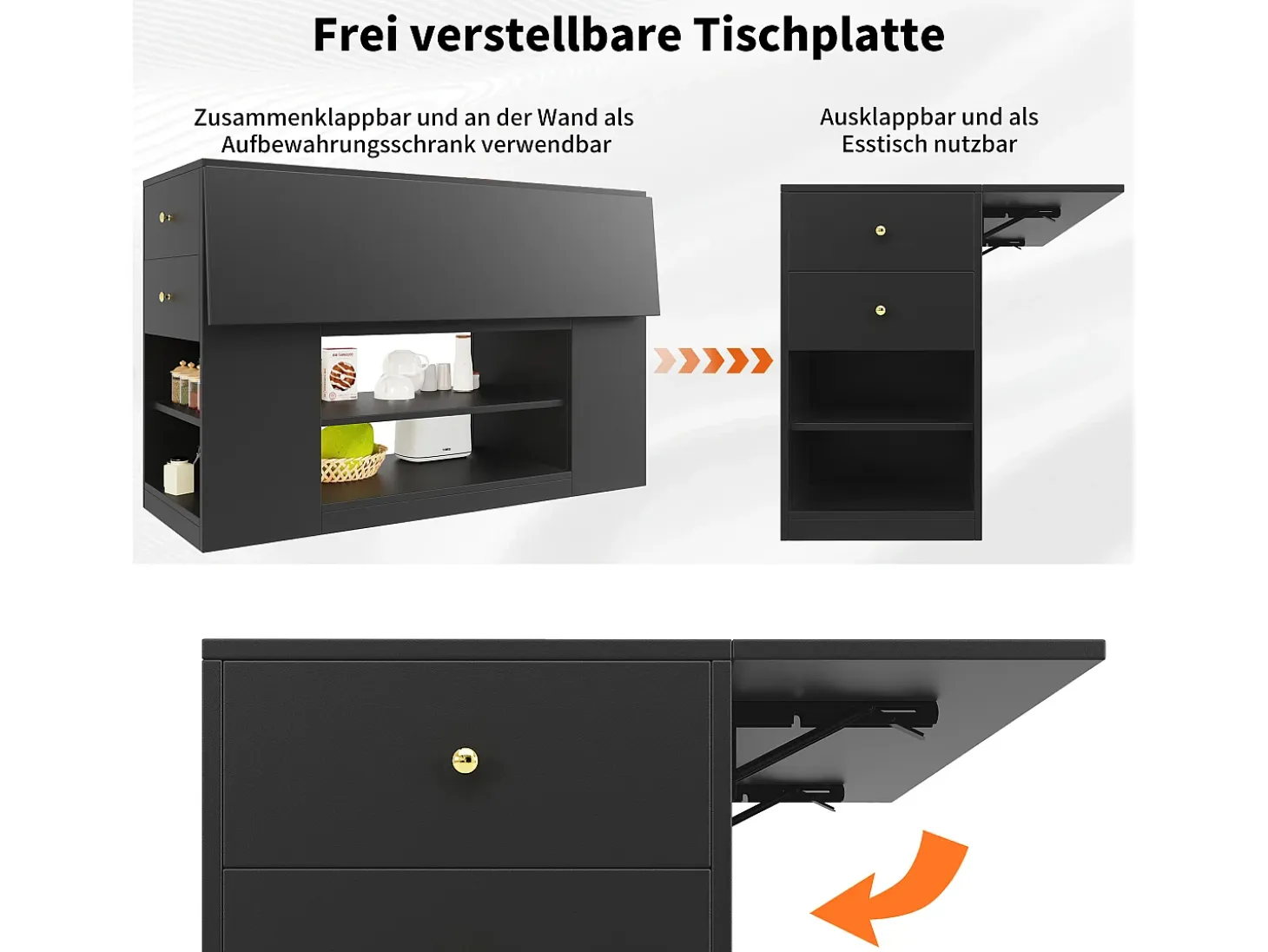 Isla de cocina moderna con almacenaje y encimera abatible, mueble de cocina negro con estantes y cajones (140 x 40 x 90 cm)