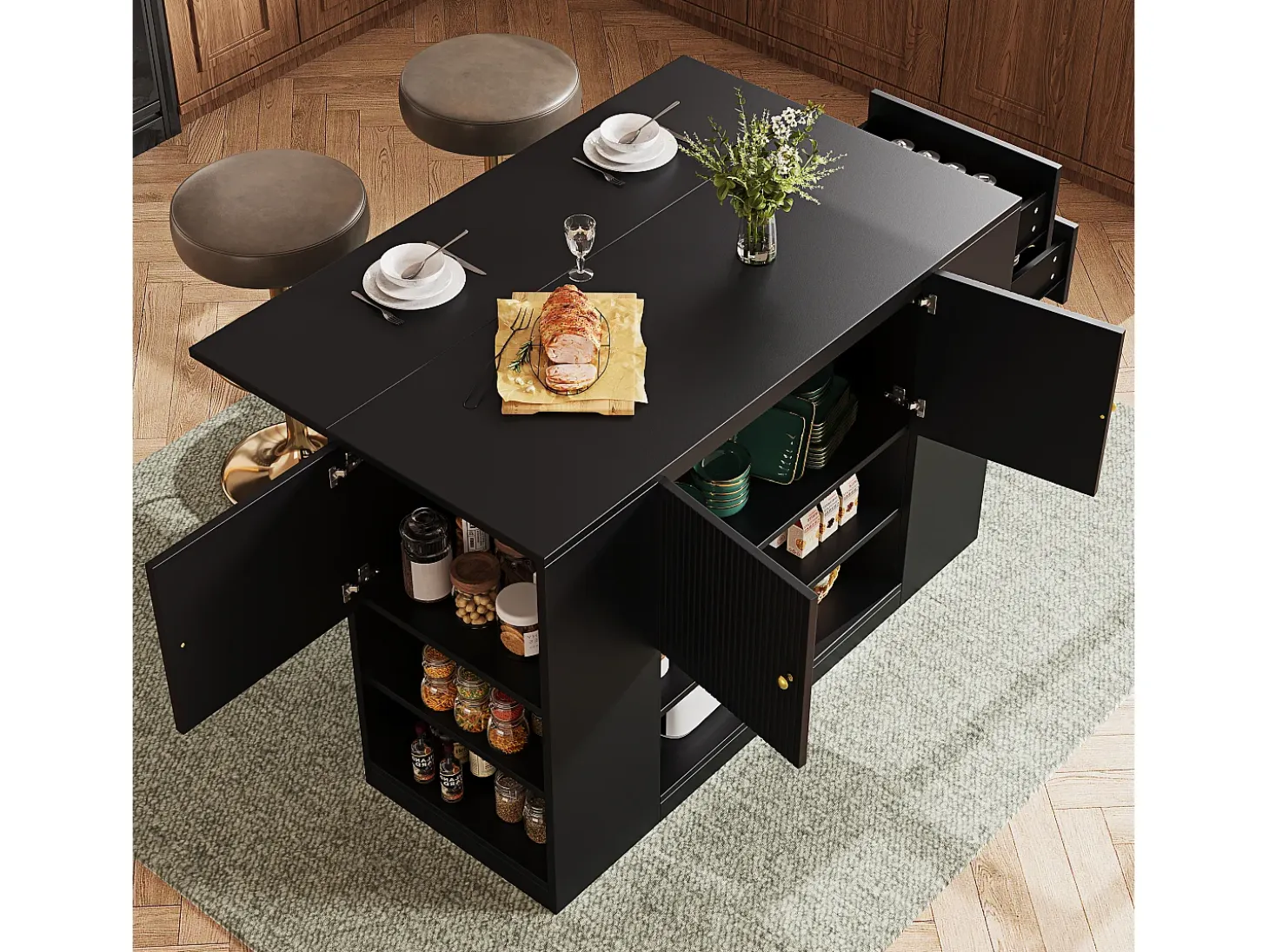 Isla de cocina moderna con almacenaje y encimera abatible, mueble de cocina negro con estantes y cajones (140 x 40 x 90 cm)