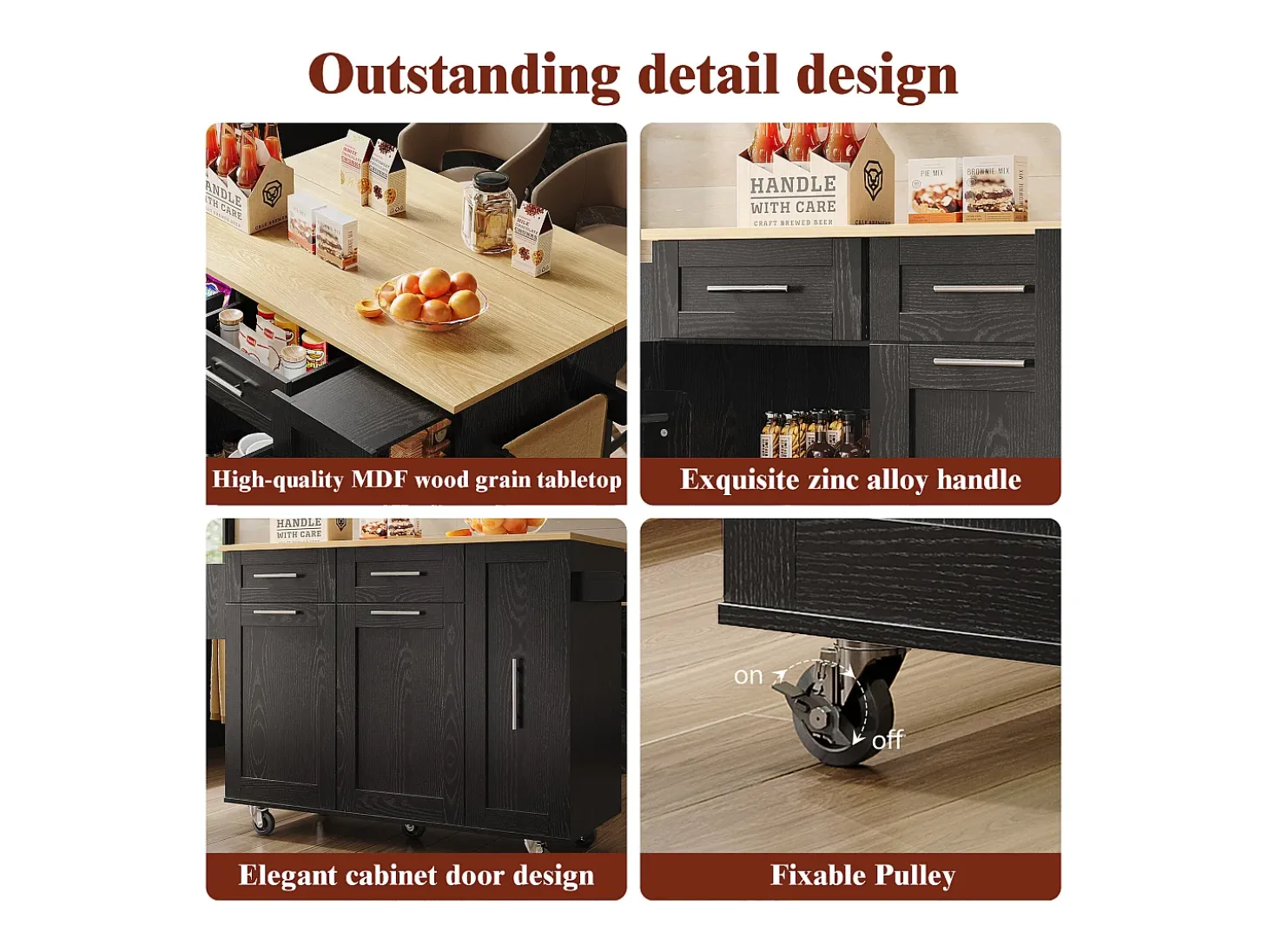 Isla de cocina moderna con almacenaje, aparador con mesa plegable, MDF y metal, color negro (110 x 46 x 90,5 cm)