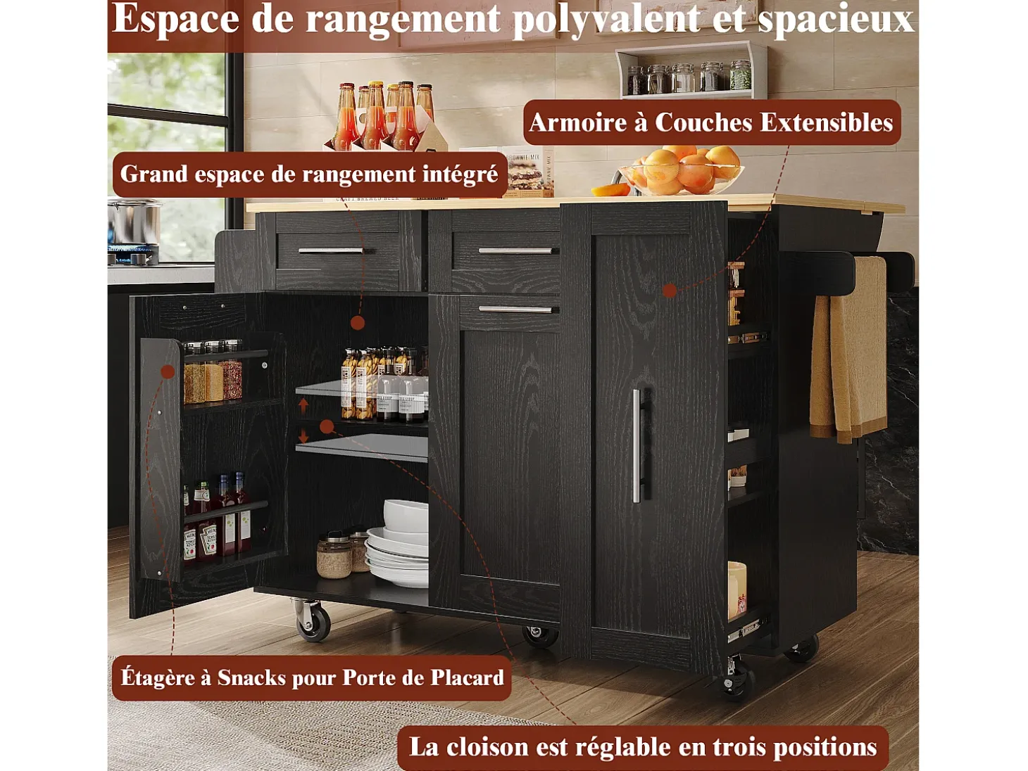 Isla de cocina moderna con almacenaje, aparador con mesa plegable, MDF y metal, color negro (110 x 46 x 90,5 cm)