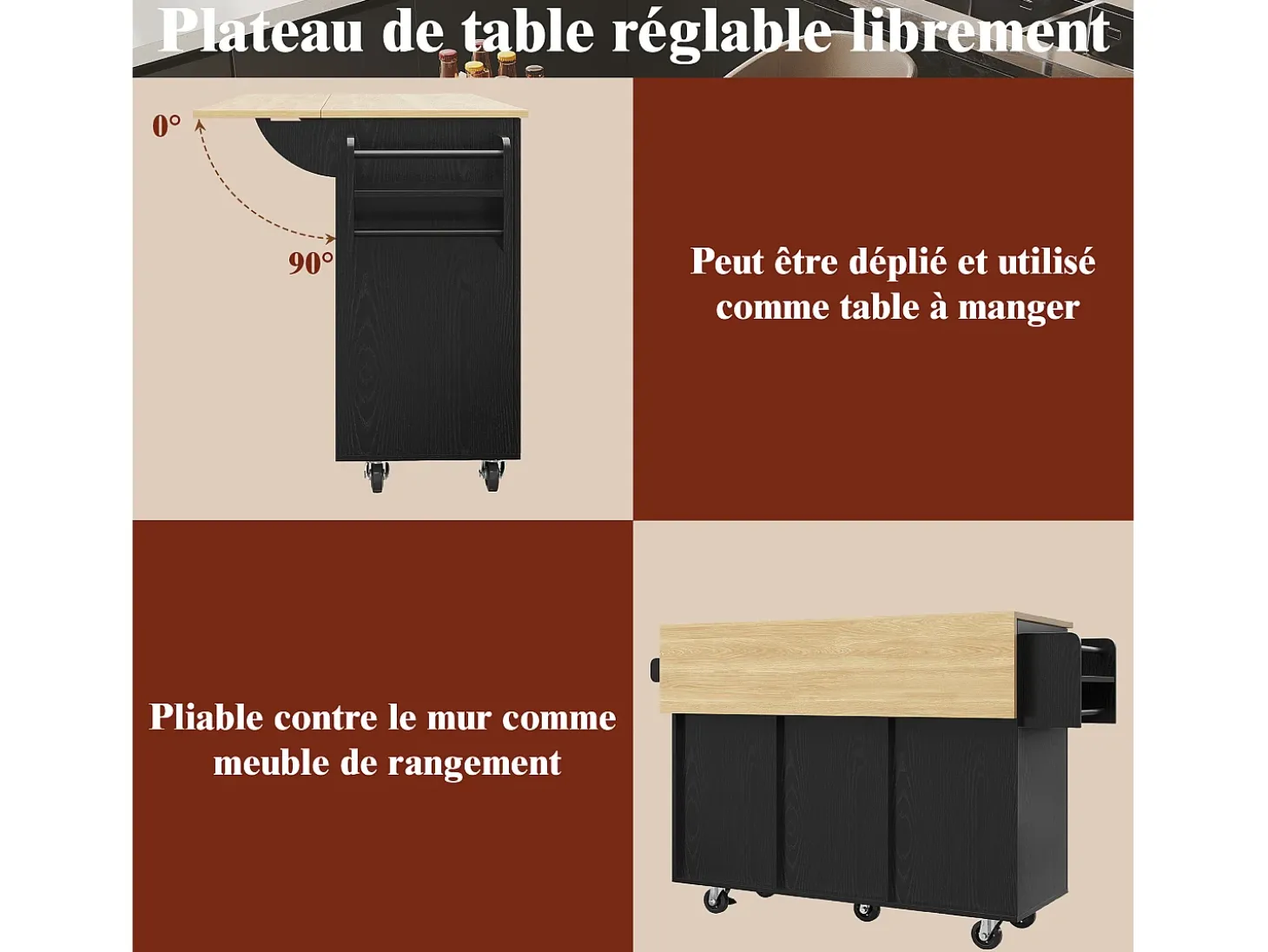 Isla de cocina moderna con almacenaje, aparador con mesa plegable, MDF y metal, color negro (110 x 46 x 90,5 cm)