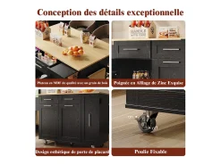 Isla de cocina moderna con almacenaje, aparador con mesa plegable, MDF y metal, color negro (110 x 46 x 90,5 cm)