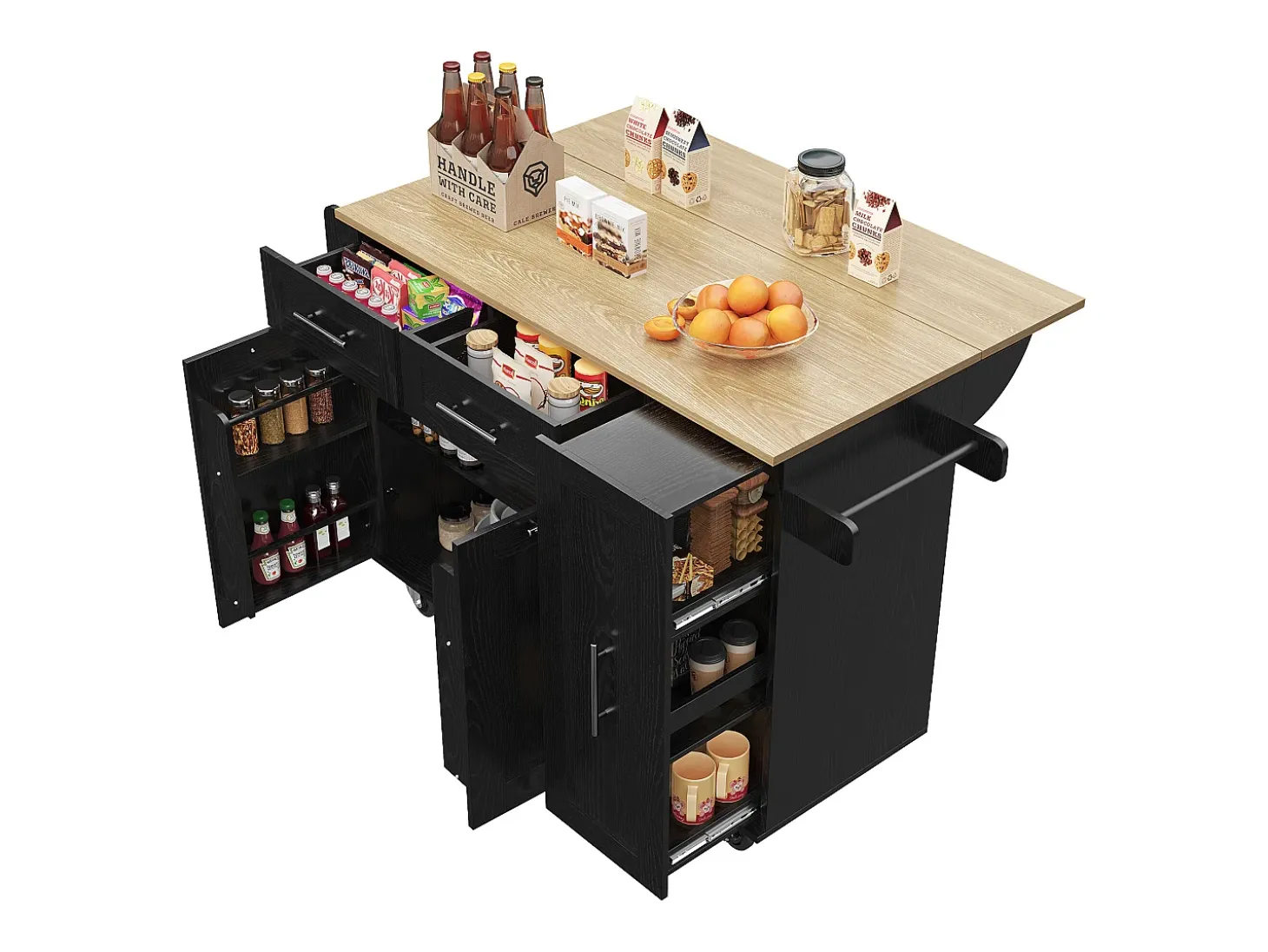 Isla de cocina moderna con almacenaje, aparador con mesa plegable, MDF y metal, color negro (110 x 46 x 90,5 cm)
