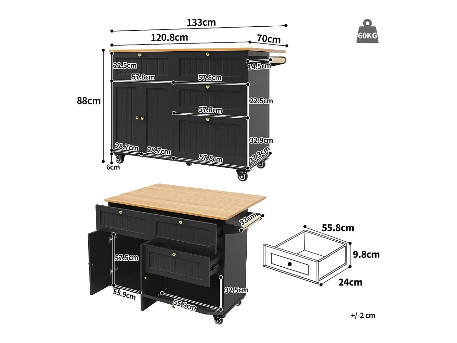 Isla de cocina moderna, mueble de almacenaje, mesa extensible con espacio de almacenaje, MDF, negro (133x49,2x88 cm)