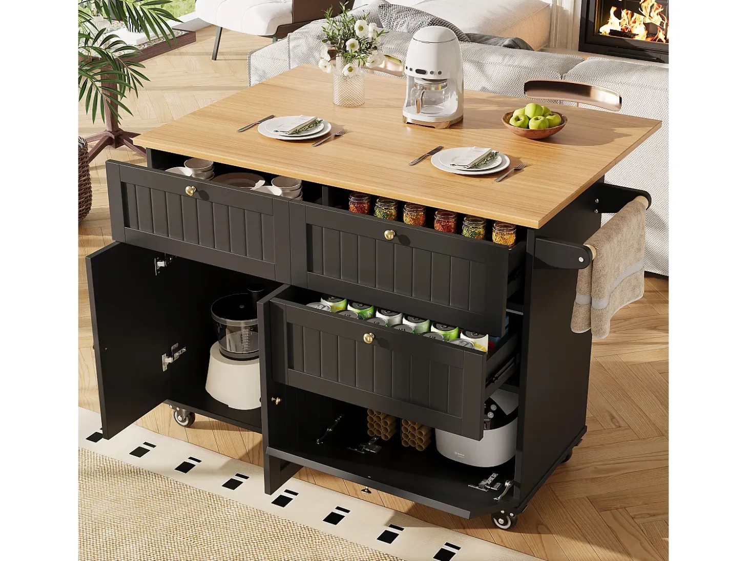 Isla de cocina moderna, mueble de almacenaje, mesa extensible con espacio de almacenaje, MDF, negro (133x49,2x88 cm)
