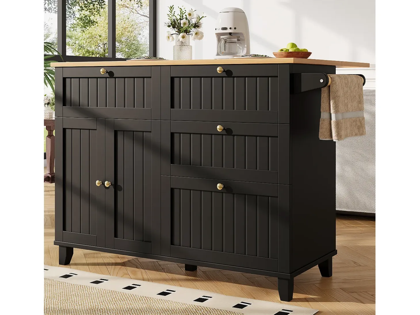 Isla de cocina moderna, mueble de almacenaje, mesa extensible con espacio de almacenaje, MDF, negro (133x49,2x88 cm)