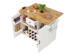 Isla de cocina moderna, mueble de almacenaje multifuncional, MDF jaspeado blanco, patas metálicas cruzadas (137,5x40x95,6 cm)